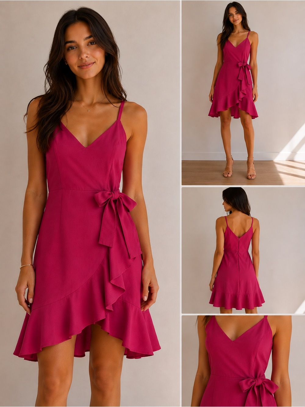 Lush Hot Pink Wrap Ruffle Mini Dress 100%cotton
